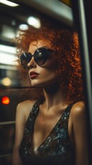 Poster - A woman with red hair wearing sunglasses on a subway train