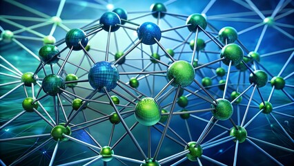 Poster - Abstract Network Structure with Green and Blue Spheres
