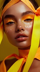 Poster - A woman with bright orange and yellow makeup and a yellow headband