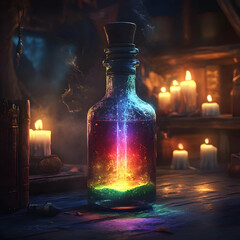 A vibrant potion bottle glows with rainbow colors, surrounded by flickering candles in a mystical setting.