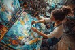 © spyrakot - Female Artist Creating Vibrant Acrylic Painting in Artistic Studio Environment