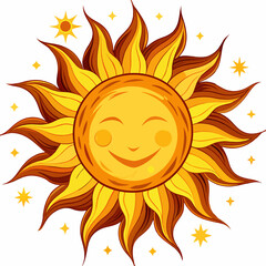 Cheerful cartoon sun illustration with a smiling face and bright rays surrounded by stars