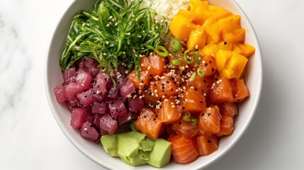 Wall Mural - Delicious Poke Bowl with Salmon, Tuna, Mango, Avocado, Rice, and Seaweed