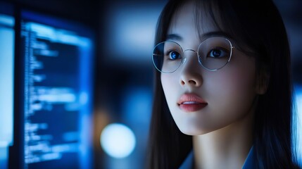 Canvas Print - A woman wearing glasses looking at a computer screen