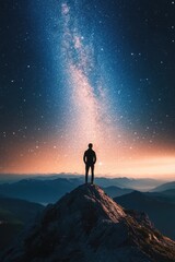 Wall Mural - Man on Mountain Top Gazing Stars