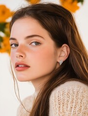 Wall Mural - A woman with long brown hair wearing a white sweater and earrings