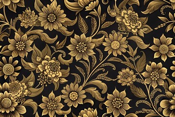 Wall Mural - mini Thai floral black and gold.