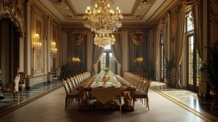 Grand Dining Room with Ornate Gold Decor and a Long Table