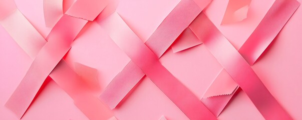 Pink background with arranged pink ribbons creates a minimalist and geometric composition