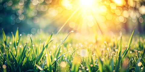 Wall Mural - Beautiful spring background with blurred grass and sun rays, copy space for text, banner design Generative AI