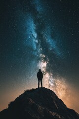 Wall Mural - Man on mountain peak gazing at night sky