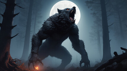 A towering werewolf, covered in thick, dark fur, is howling at the moon in the heart of a dense, haunted forest. The trees around it are twisted and gnarled, 