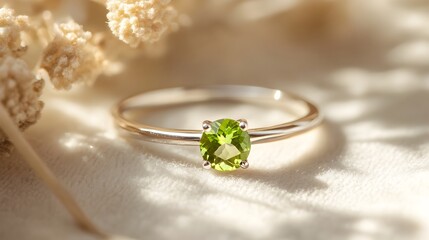 Wall Mural - Elegant and minimalist peridot ring showcasing a single small peridot gemstone set in a slender platinum band displayed on a soft neutral backdrop for a serene and understated beauty