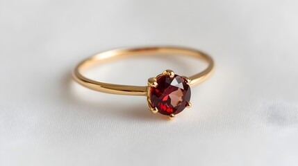 Wall Mural - Close up of a minimalist garnet ring with a thin gold band and a small round crimson gemstone lying on a plain white background emphasizing the elegant and sophisticated simplicity of the design