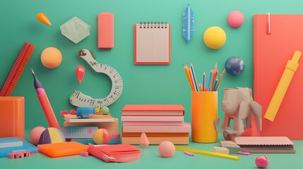 Wall Mural - Colorful School Supplies and Geometric Objects on a Green Background