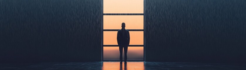 Wall Mural - open window with rain pouring in, lonely figure in the background, 3d illustration