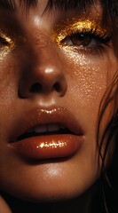 Wall Mural - A close up of a woman's face with gold glitter on her face