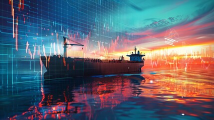 Wall Mural - A large ship is sailing in the ocean with a beautiful sunset in the background