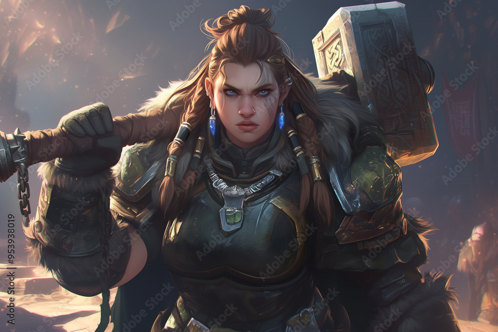 dwarf female warrior with braided hair and massive war hammer, detailed ...