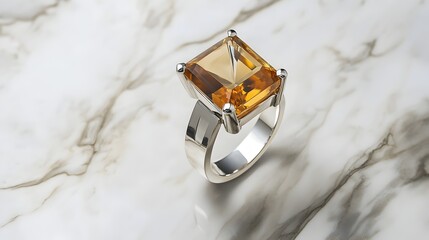 Wall Mural - Exquisite square cut citrine crystal ring set in a clean white gold band resting on a marble background with sleek angular lines  A stunning display of modern luxury and premium craftsmanship