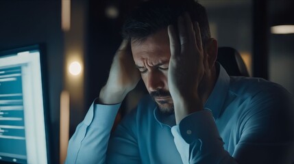 Sticker - A man sitting at a desk with his head in his hands