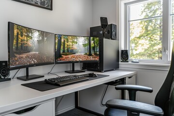 Wall Mural - A computer desk with two monitors, a keyboard, and a mouse, generative ai image