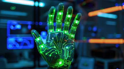 Robotic or android hand from digital green neon lights. Technologies and artificial intelligence concept, innovation and futuristic.