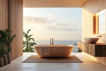 Wall Mural - Modern Bathroom with Freestanding Tub and Ocean View