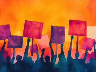 A colorful protest scene advocating for social justice and diversity, with signs and banners, bold watercolor tones