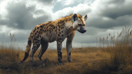 Hyena in a field with cloudy sky