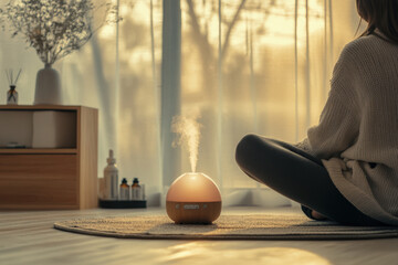 young woman is practicing yoga and meditation with an essential oil diffuser in her living room