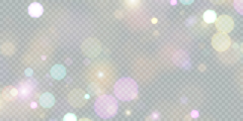 Leinwandbilder - Sparkling glare light effects with colorful shimmer. Beautiful lens flare effect with bokeh, glittery particles and rays. Shining abstract background. Vector illustration	

