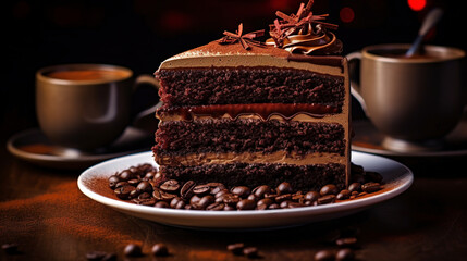 cake with chocolate cream and a cup of coffe