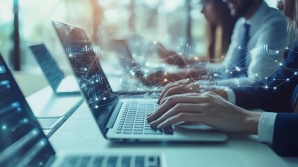 Businessperson Using Laptop with Digital Network Overlay