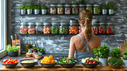 Woman preparing healthy food in a modern kitchen filled with fresh ingredients