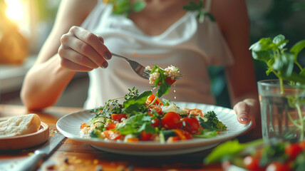 Fresh salad served on a plate while a woman enjoys a meal at home