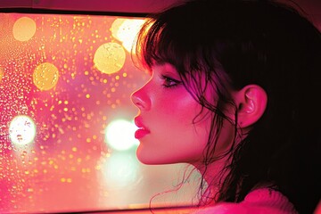 Woman's Profile Illuminated by Pink and Yellow Lights