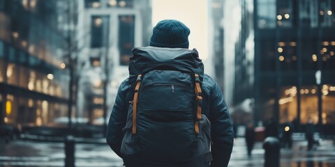 A man wearing a blue jacket and a black backpack is standing in the rain. He looks like he is ready to go on a trip