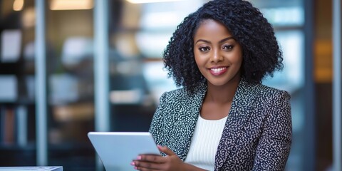 Wall Mural - A woman is sitting at a desk with a tablet in her hand. She is smiling and she is happy