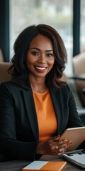 Sticker - A woman in a black suit and orange shirt is smiling and holding a tablet. She is a professional or business person