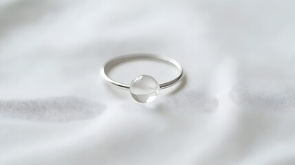 Wall Mural - Minimalist glass ring featuring a small round clear glass bead set on a thin silver band lying on a plain white background emphasizing simplicity and purity