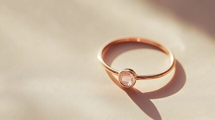 Wall Mural - Minimalist and Elegant Rose Gold Ring featuring a Delicate Pale Pink Glass Stone Set Against a Soft Beige Background Showcasing the Subtle Beauty and Sophistication of this Refined Accessory