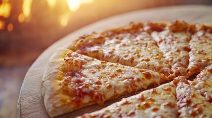 Wall Mural - Italian four cheese pizza, baked on stone and placed on wooden tray. Freshly cooked with melting cheeses. Close up of this Mediterranean bakery delight