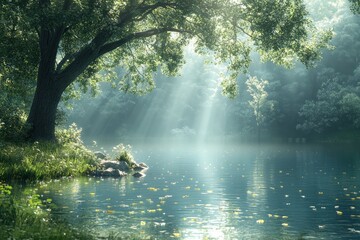 Blur background of sunlight shining though the tree with lake body of water. Peaceful nature and solitude concept. Design for relaxation and meditation spaces.