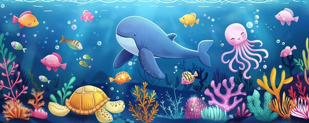 Vibrant underwater illustration featuring various sea creatures, corals, and a whale, depicting a colorful ocean ecosystem.