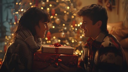 Wall Mural - Holiday Emotions: Close-Up of Hands Holding a Christmas Gift Box