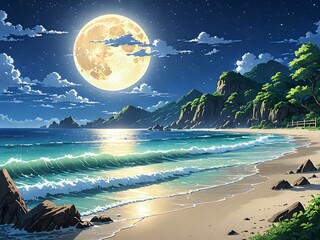 Wall Mural - On the shore, waves glisten like jewels under the full moon's light, creating a serene atmosphere that captivates the soul, anime style 