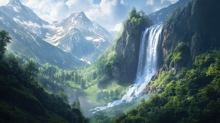 Sticker - Majestic Waterfall Cascading Down a Mountainside