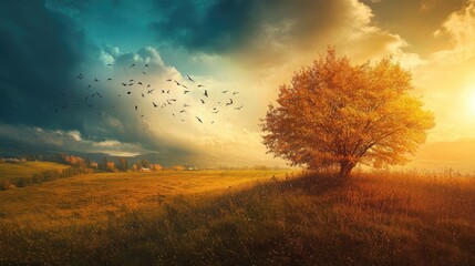 Poster - Golden Tree in a Dramatic Landscape