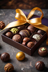 Closeup photo of open luxury chocolate box full of different flavored and shaped dark and white chocolate pieces for gift